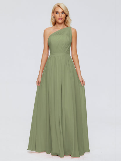 Olive Green Bridesmaid Dress A Line One-shoulder Chiffon Floor Length Bridesmaid Dresses