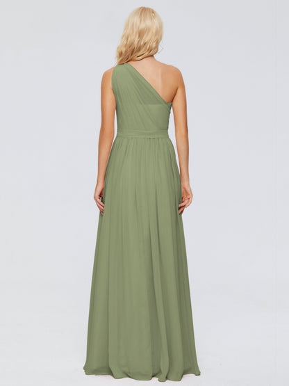 Olive Green Bridesmaid Dress A Line One-shoulder Chiffon Floor Length Bridesmaid Dresses