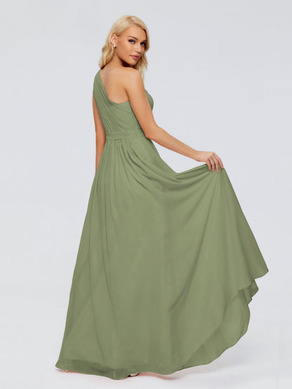Olive Green Bridesmaid Dress A Line One-shoulder Chiffon Floor Length Bridesmaid Dresses