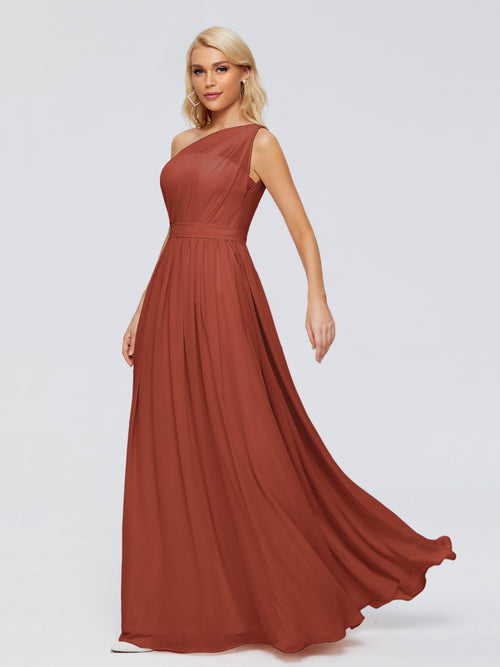 Rust Bridesmaid Dress A Line One-shoulder Chiffon Floor Length Bridesmaid Dresses