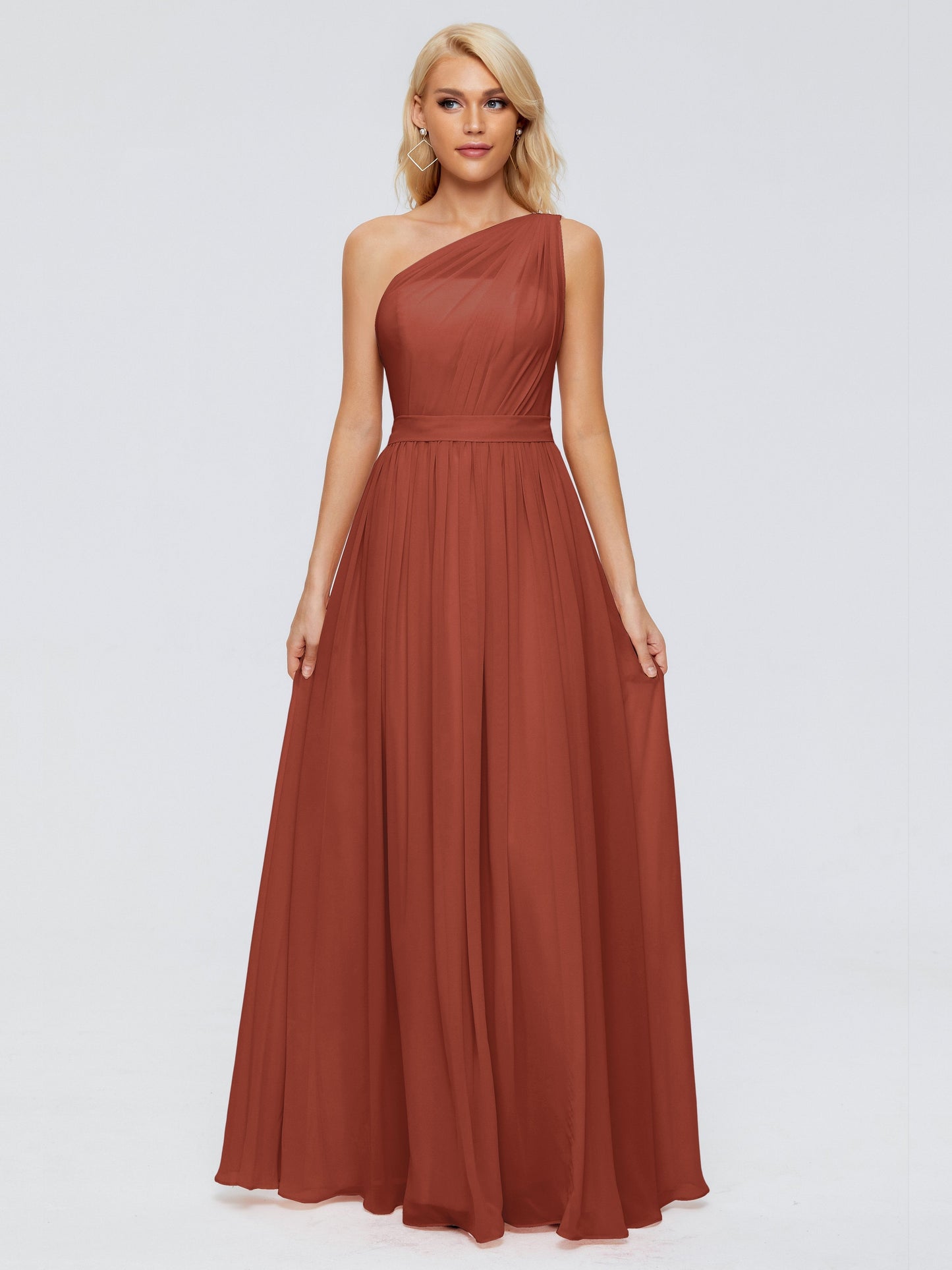 Rust Bridesmaid Dress A Line One-shoulder Chiffon Floor Length Bridesmaid Dresses