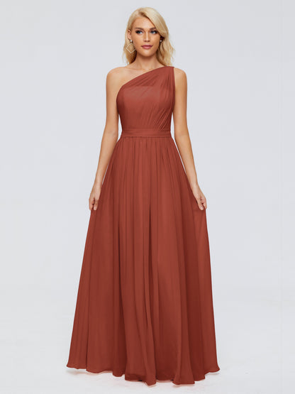 Rust Bridesmaid Dress A Line One-shoulder Chiffon Floor Length Bridesmaid Dresses