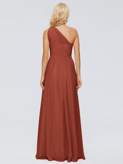 Rust Bridesmaid Dress A Line One-shoulder Chiffon Floor Length Bridesmaid Dresses