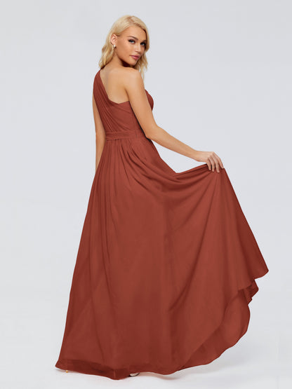 Rust Bridesmaid Dress A Line One-shoulder Chiffon Floor Length Bridesmaid Dresses