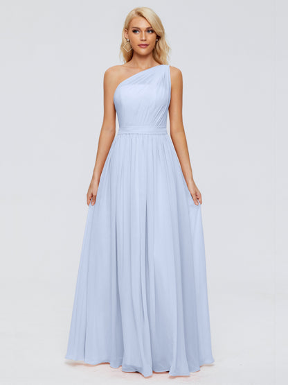 Sky Blue Bridesmaid Dress A Line One-shoulder Chiffon Floor Length Bridesmaid Dresses