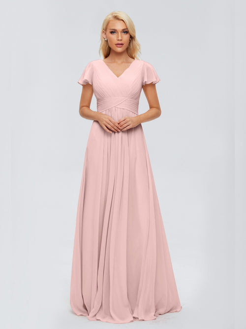 Dusty Rose Pink Bridesmaid Dresses A-Line V Neck Short Sleeves Long Chiffon Bridesmaid Dresses