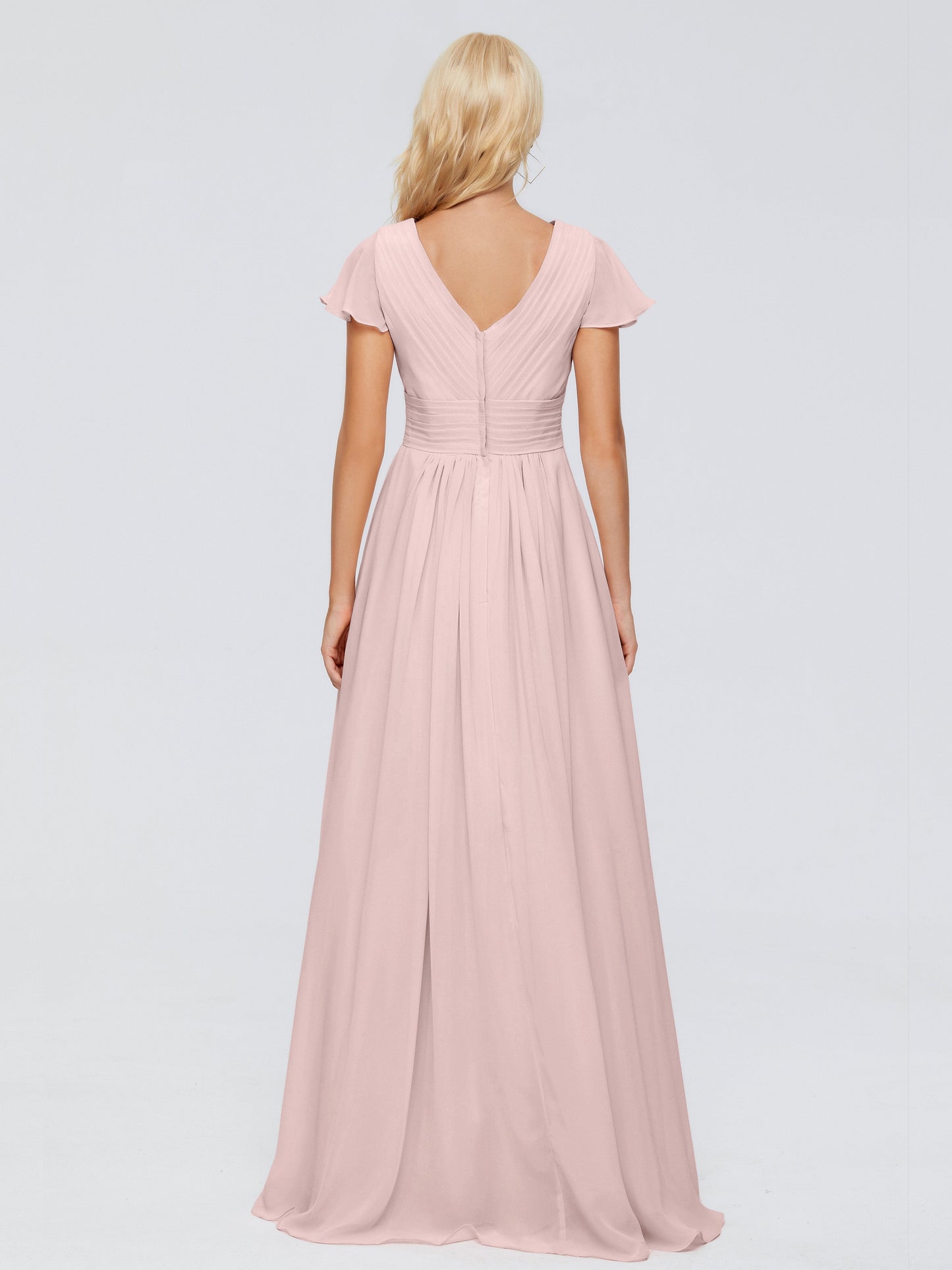 Dusty Rose Pink Bridesmaid Dresses A-Line V Neck Short Sleeves Long Chiffon Bridesmaid Dresses