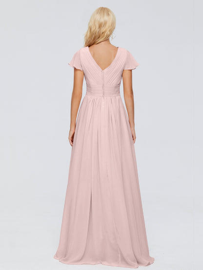 Dusty Rose Pink Bridesmaid Dresses A-Line V Neck Short Sleeves Long Chiffon Bridesmaid Dresses