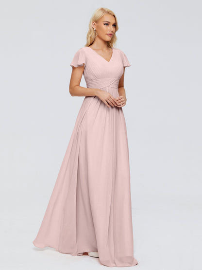 Dusty Rose Pink Bridesmaid Dresses A-Line V Neck Short Sleeves Long Chiffon Bridesmaid Dresses