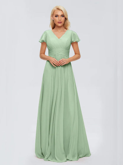Dusty Sage Bridesmaid Dress A-Line V Neck Short Sleeves Long Chiffon Bridesmaid Dresses