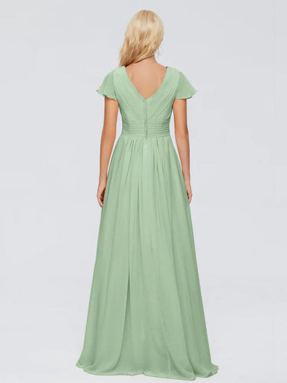 Dusty Sage Bridesmaid Dress A-Line V Neck Short Sleeves Long Chiffon Bridesmaid Dresses