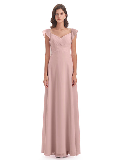 Courtney Sheath V-Neck Straps Chiffon Long Bridesmaid Dresses