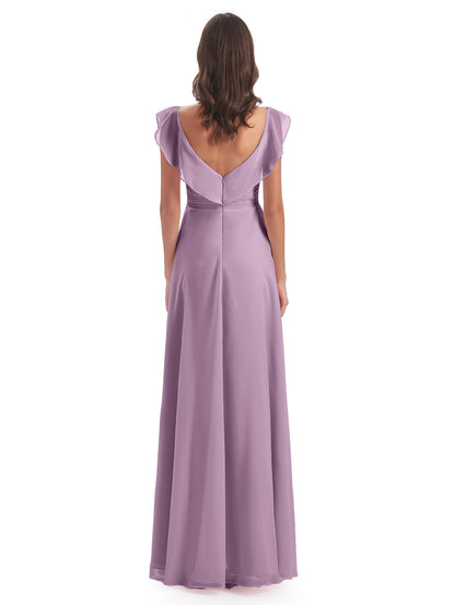 Courtney Sheath V-Neck Straps Chiffon Long Bridesmaid Dresses