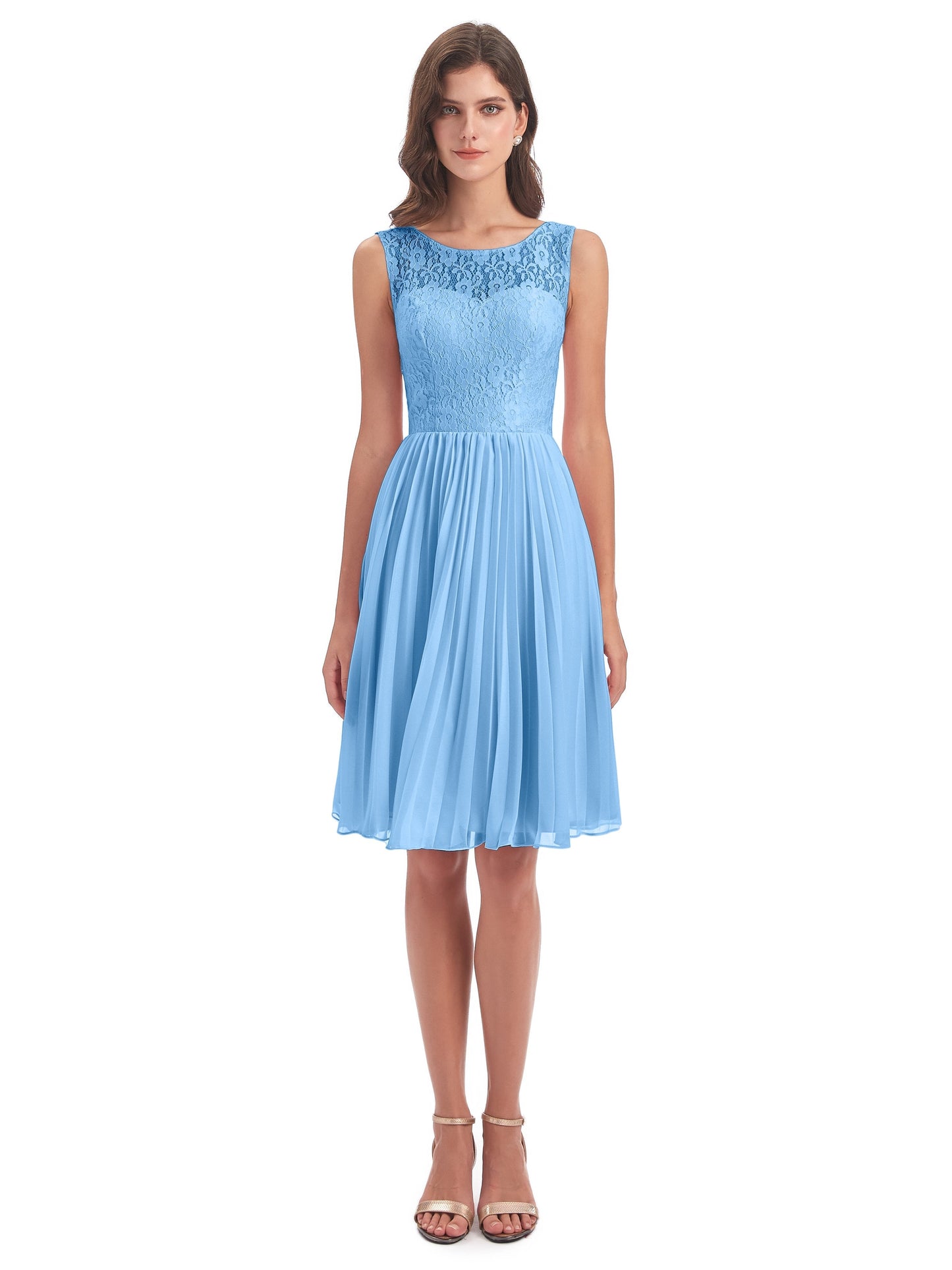 Eleanor Knee Length Scoop Sleeveless Lace Bridesmaid Dresses