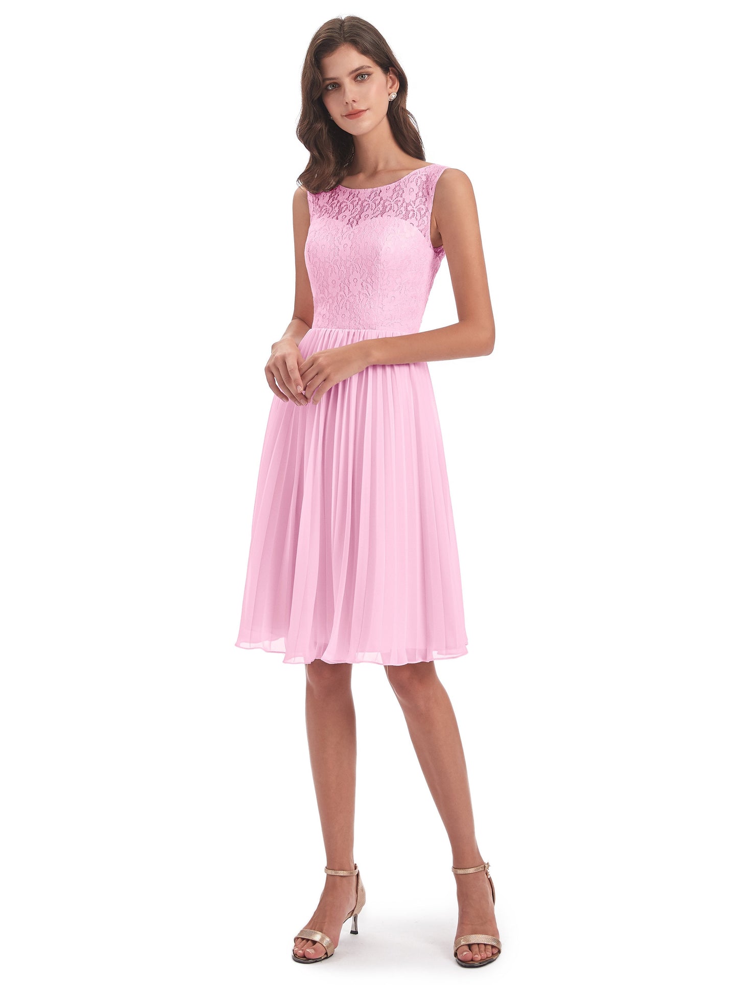 Eleanor Knee Length Scoop Sleeveless Lace Bridesmaid Dresses