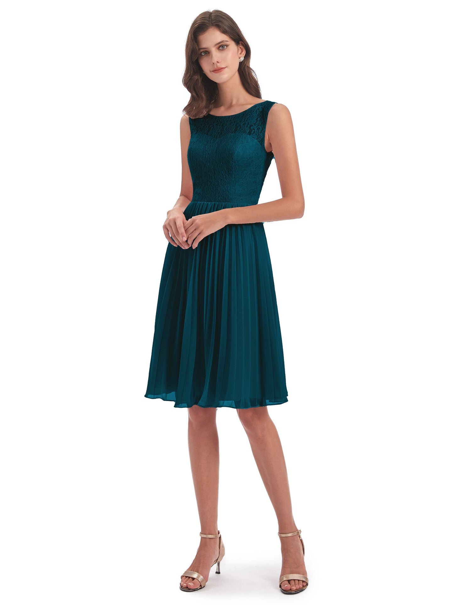 Eleanor Knee Length Scoop Sleeveless Lace Bridesmaid Dresses