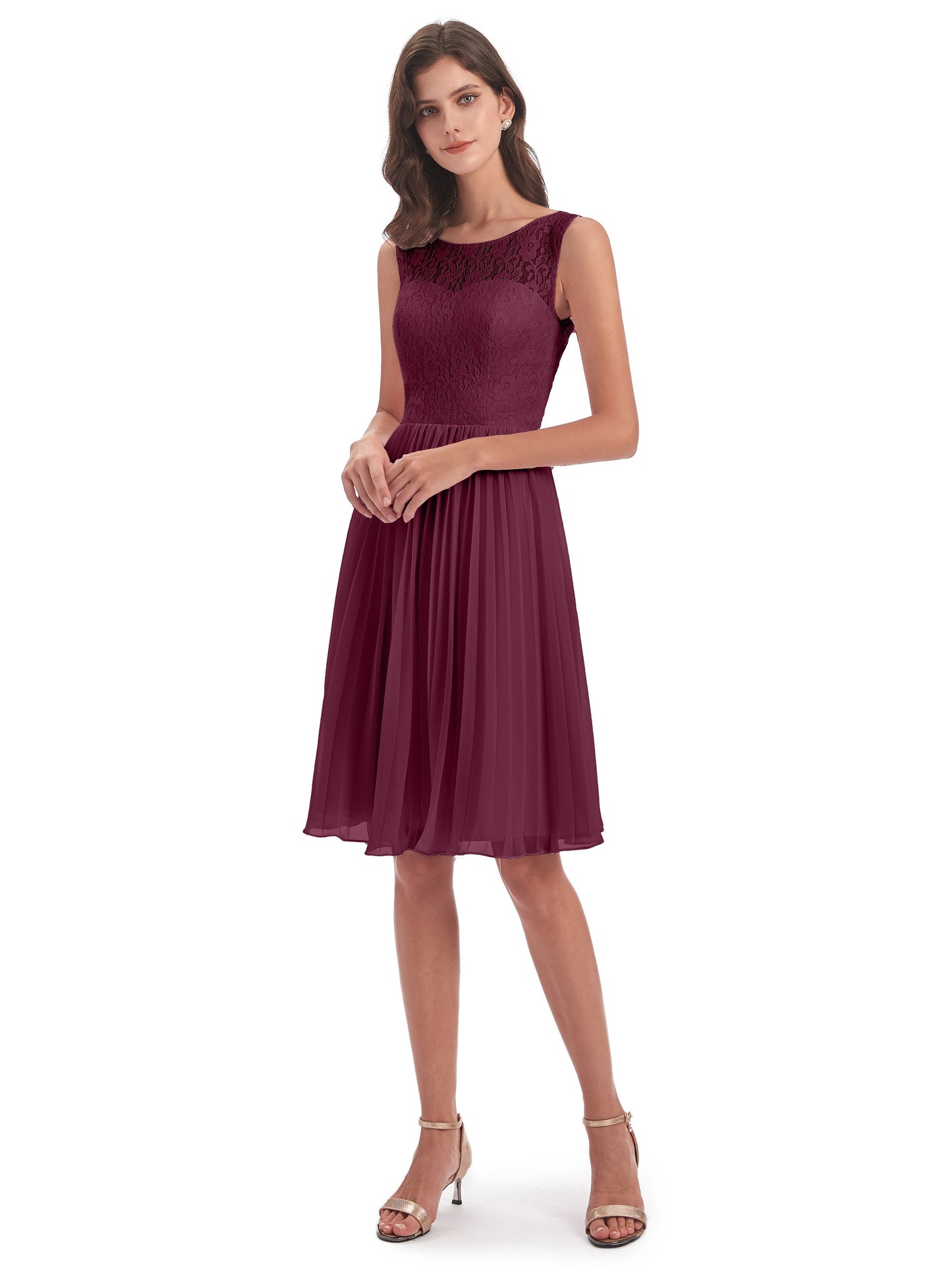 Eleanor Knee Length Scoop Sleeveless Lace Bridesmaid Dresses
