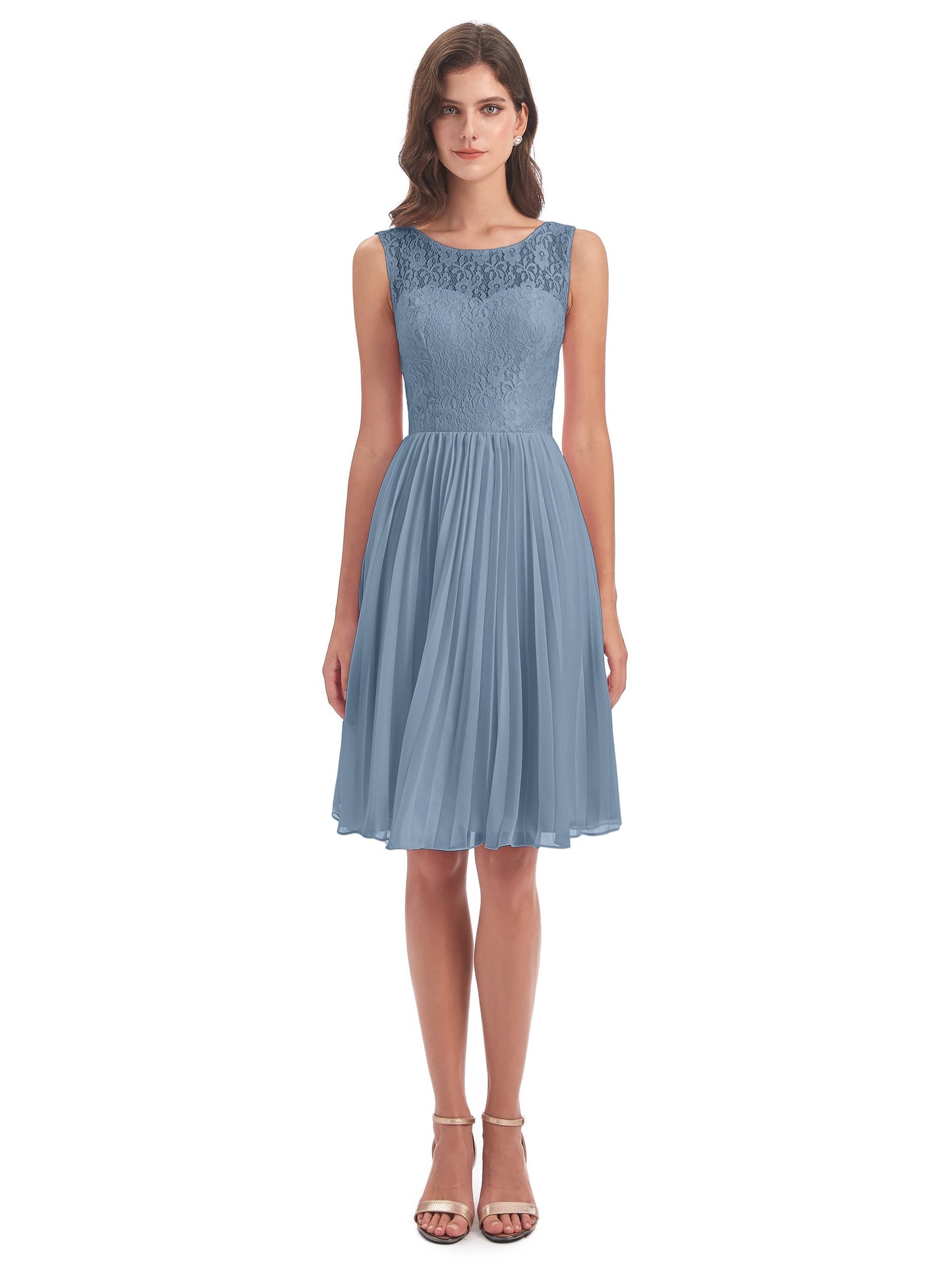 Eleanor Knee Length Scoop Sleeveless Lace Bridesmaid Dresses