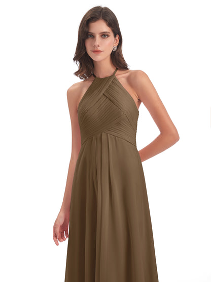 Ellison Floor Length Halter Keyhole Chiffon Bridesmaid Dresses