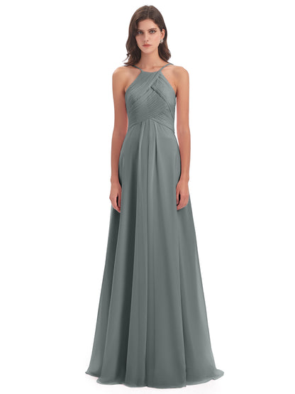 Ellison Floor Length Halter Keyhole Chiffon Bridesmaid Dresses