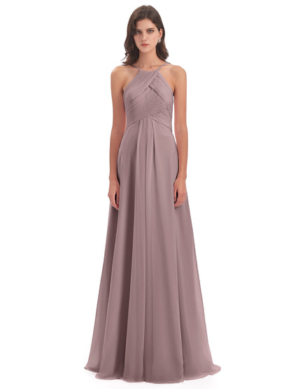 Ellison Floor Length Halter Keyhole Chiffon Bridesmaid Dresses