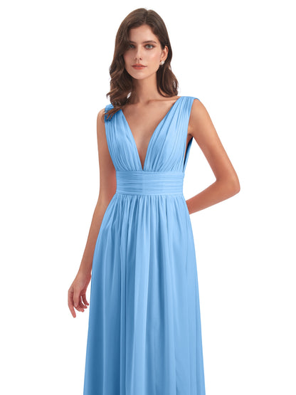 Emma Floor Length V Neck Split Chiffon Bridesmaid Dresses