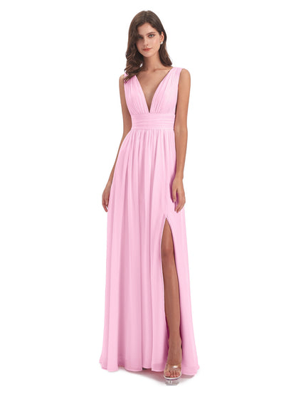 Emma Floor Length V Neck Split Chiffon Bridesmaid Dresses