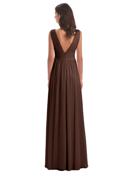 Emma Floor Length V Neck Split Chiffon Bridesmaid Dresses