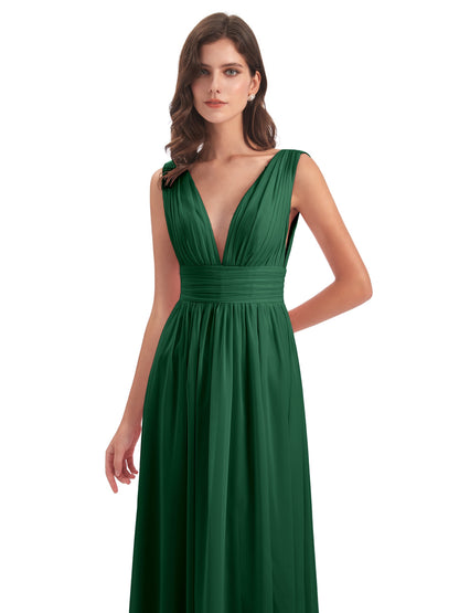 Emma Floor Length V Neck Split Chiffon Bridesmaid Dresses