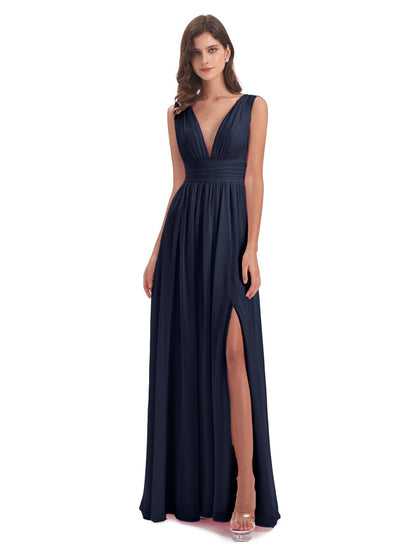 Emma Floor Length V Neck Split Chiffon Bridesmaid Dresses