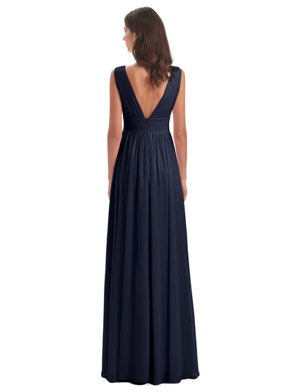 Emma Floor Length V Neck Split Chiffon Bridesmaid Dresses