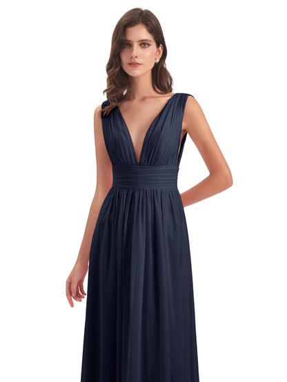 Emma Floor Length V Neck Split Chiffon Bridesmaid Dresses
