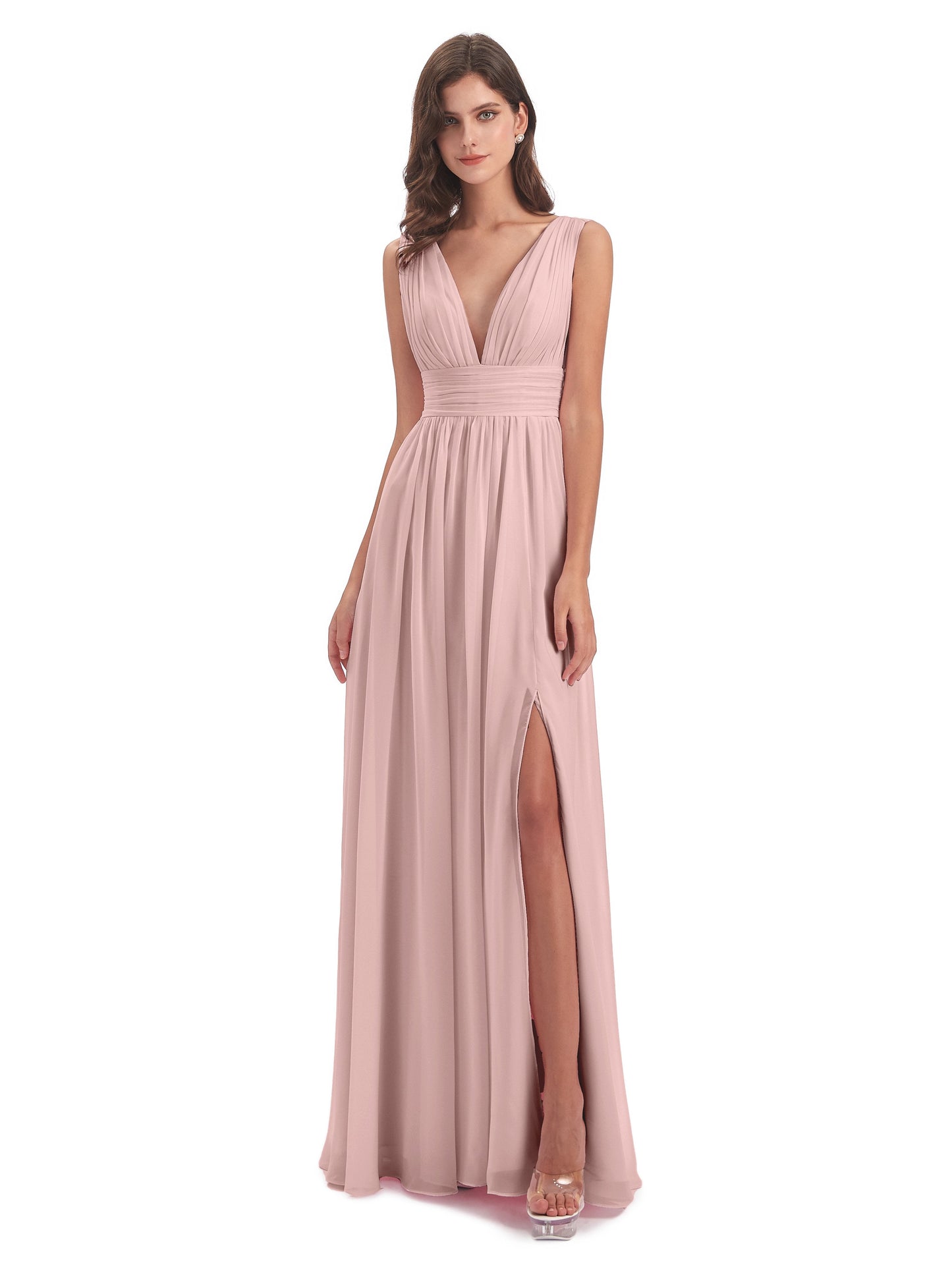 Dusty Rose Bridesmaid Dress A Line Floor Length V Neck Chiffon Bridesmaid Dresses with Slit