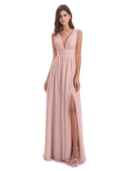 Dusty Rose Bridesmaid Dress A Line Floor Length V Neck Chiffon Bridesmaid Dresses with Slit