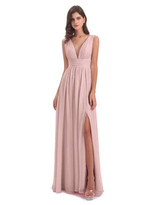 Dusty Rose Bridesmaid Dress A Line Floor Length V Neck Chiffon Bridesmaid Dresses with Slit