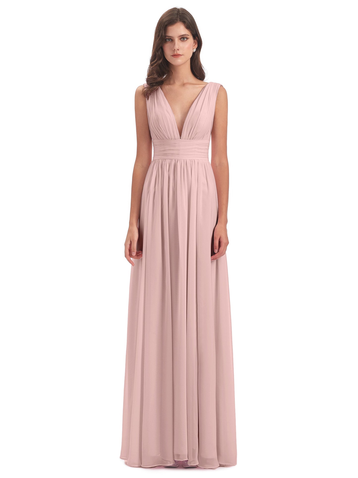 Dusty Rose Bridesmaid Dress A Line Floor Length V Neck Chiffon Bridesmaid Dresses with Slit