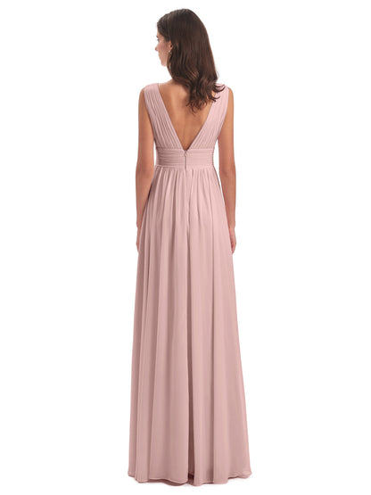Dusty Rose Bridesmaid Dress A Line Floor Length V Neck Chiffon Bridesmaid Dresses with Slit