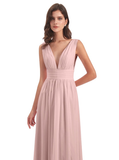 Dusty Rose Bridesmaid Dress A Line Floor Length V Neck Chiffon Bridesmaid Dresses with Slit
