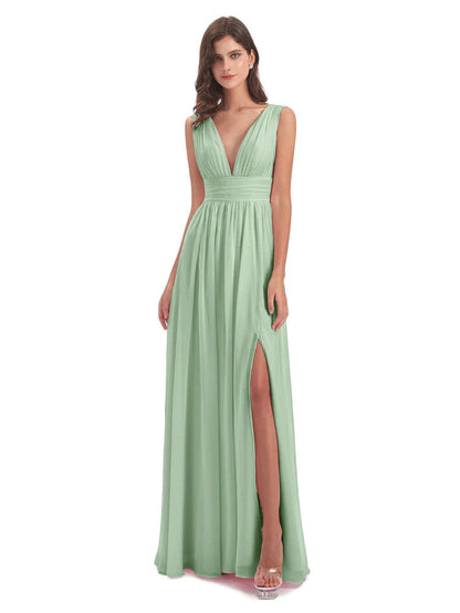 Dusty Sage Green Bridesmaid Dress A Line Floor Length V Neck Chiffon Bridesmaid Dresses with Slit