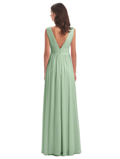 Dusty Sage Green Bridesmaid Dress A Line Floor Length V Neck Chiffon Bridesmaid Dresses with Slit