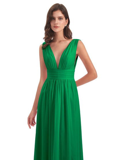 Emma Floor Length V Neck Split Chiffon Bridesmaid Dresses