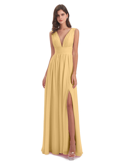 Emma Floor Length V Neck Split Chiffon Bridesmaid Dresses