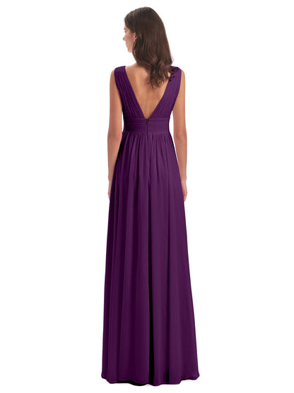 Emma Floor Length V Neck Split Chiffon Bridesmaid Dresses