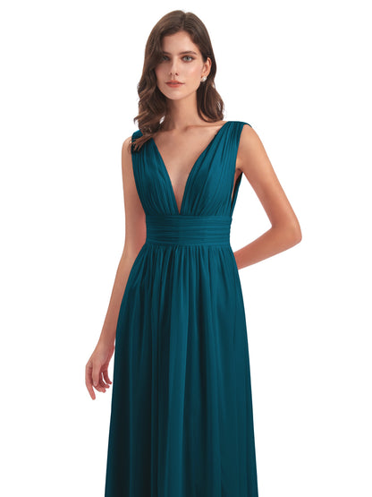 Emma Floor Length V Neck Split Chiffon Bridesmaid Dresses