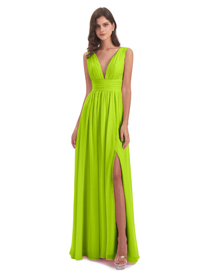Emma Floor Length V Neck Split Chiffon Bridesmaid Dresses
