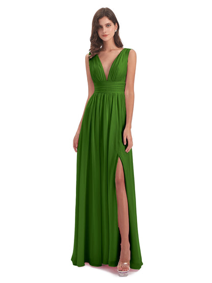 Emma Floor Length V Neck Split Chiffon Bridesmaid Dresses