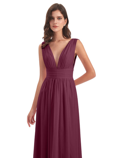 Emma Floor Length V Neck Split Chiffon Bridesmaid Dresses