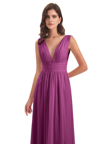 Emma Floor Length V Neck Split Chiffon Bridesmaid Dresses