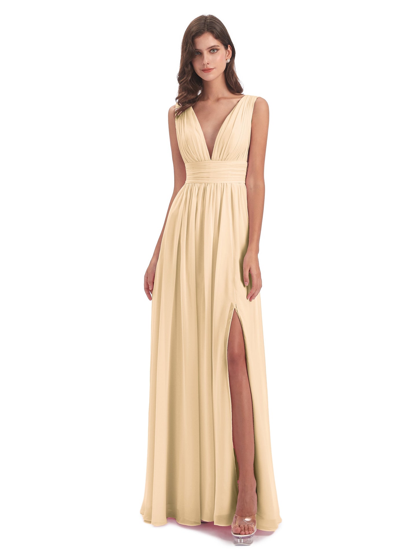 Emma Floor Length V Neck Split Chiffon Bridesmaid Dresses