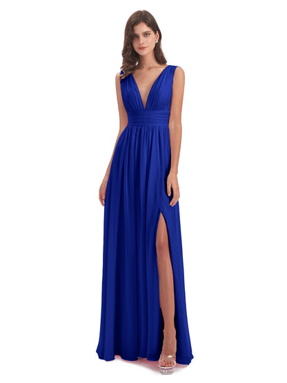 Emma Floor Length V Neck Split Chiffon Bridesmaid Dresses